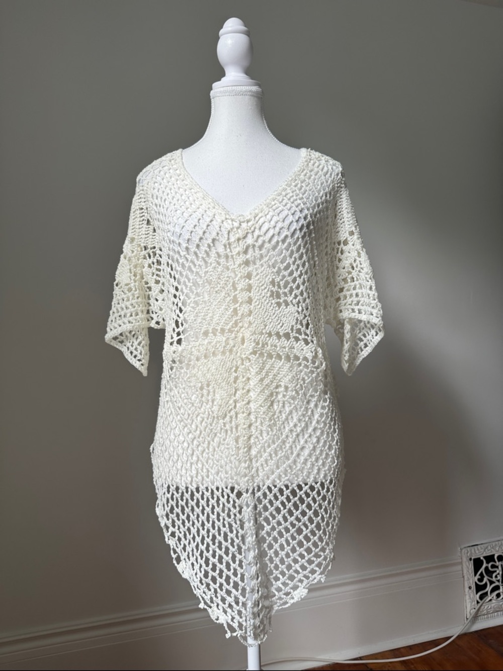 HANDMADE Cream Open Knit Napkin Hem Boho Festival Y2K Whimsical Fairy Shawl